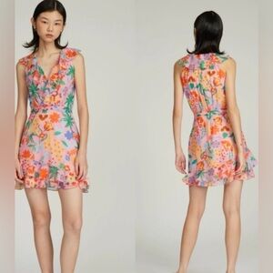 Saloni Cece Ruffled Floral Dress US 4 Pink Cotton Silk Mini